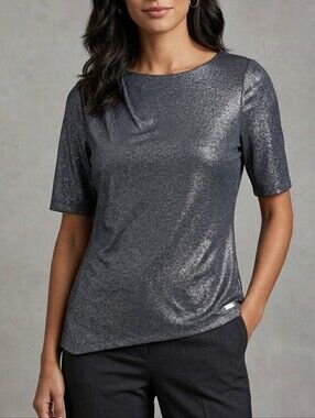 Calvin Klein Silver Black Sparkle Short Sleeve Blouse Top size L
